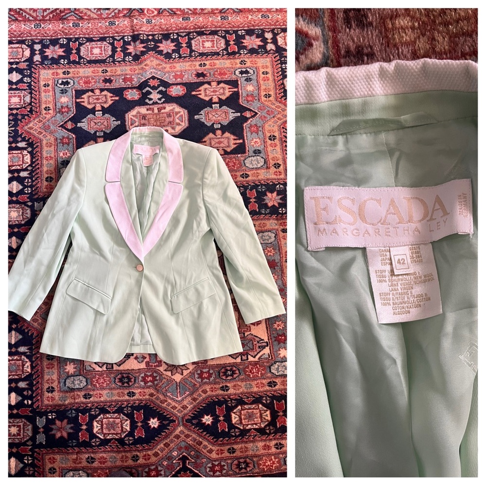 Vintage Escada 80s seafoam green white wool blazer jacket sport coat EU 42 L